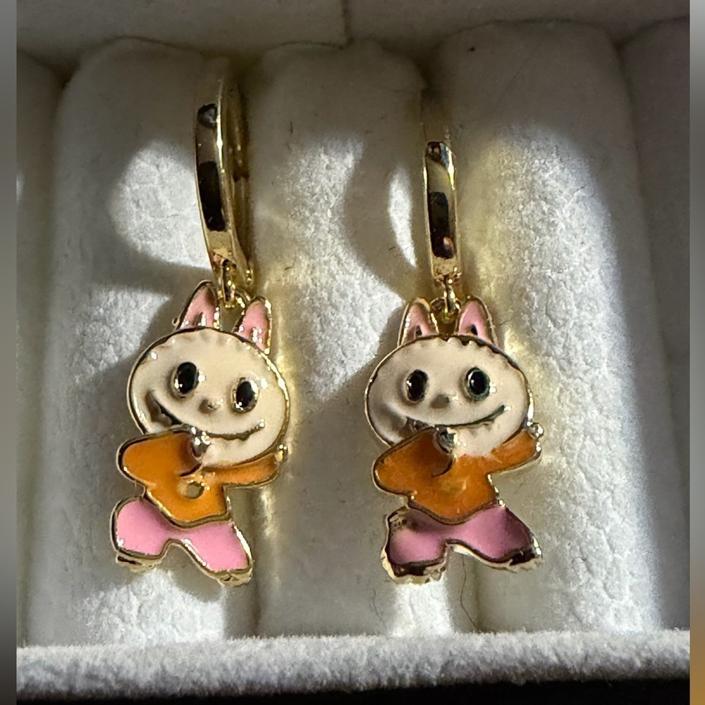 14K Gold Yoga Labubu Theme Enamel Hoop Character Earrings Kawaii Anime Boutique